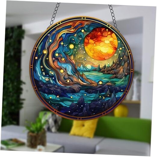 The Moon and Stars Acrylic Window Hanging, Mountains Lake Stained Acrylic