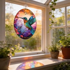 Handcrafted Hummingbird Glass Suncatcher, Window Garden Decor