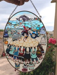 8×6 Amia Studio Hand-Painted Eskimo’s Stained Glass Oval Suncatcher w/ Chain