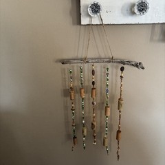 Handmade Driftwood Suncatcher Made With 5 Strings Of Colorful Beads And Corks