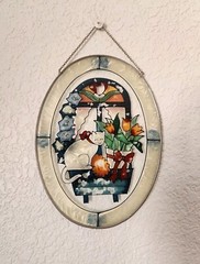 Vintage Textured Glass Cat w/ Flower Cart Sun Catcher Oval 9″X6.5″