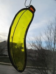 BANANA SIGNED by Artist Rubins Vtg Handmade Stained Glass Sun Catcher Window