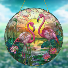 SUNCATCHER- Flamingos – 8″x8″ Acrylic Window Hanging Ornament – Tropical Animal