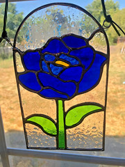 Blue Rose Flower Stained Glass Suncatcher Panel Authentic Handmade Glass Gift