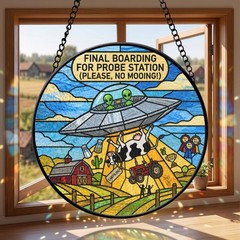UFO Cow Abduction Suncatcher, Funny Alien Farm Window Decor, Space Cow Ornament,