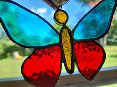Vintahw stained leaded glass butterfly vintage suncatcher