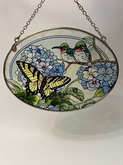 Amia Denver Co Hand Painted Monarch Butterfly Birds Flowers Suncatcher 7”x5”
