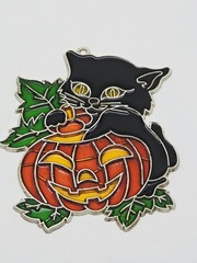 Vtg Suncatcher Stained Glass halloween Black Cat Pumpkin window decor 6″