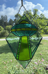 Green UFO Stained Glass Suncatcher 12in by 8in