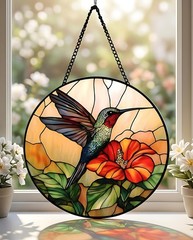 9.8″ Stained Glass Window Hanging, Stained Glass Suncatcher Hummingbird