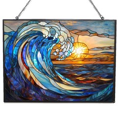 Stained Glass Ocean Wave Window Panel 15″x11″ Suncatcher, Home Decor Gift