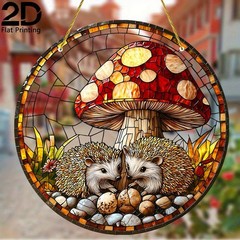 Red Spotted Mushroom Two Hedgehogs Round Acrylic Suncatcher Cottage Window Decor