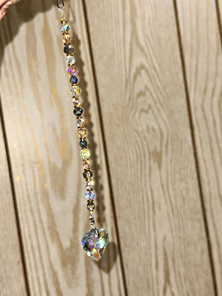 Multicolor Crystal Beaded Hanging Suncatcher with Heart Prism Pendant