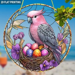 Parrot In Nest Acrylic Suncatcher Round Easter Egg Floral Window Hanging Decor