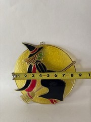 Vtg Suncatcher Acrylic Hanging Halloween Witch On Broom Large Round 9.5″ x 8.5″