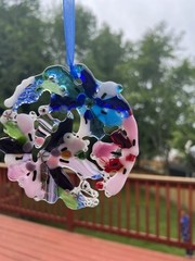 Fused Glass Handmade Round Multicolor Flower Sun Catcher Signed By Artist