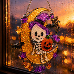 Halloween Skeleton Witch Suncatcher Pumpkin Moon Acrylic Window Hanging Decor