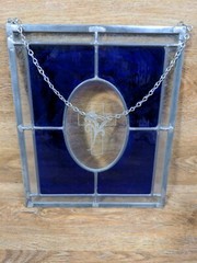 Stained Glass Light Catcher Colbolt Blue & Clear Cross & Lilly 10″ × 12″