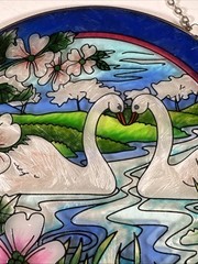 Swan Pair Stained Glass Window Hanging – Romantic Floral Art Decor