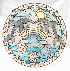 DOLPHIN Suncatcher 12” Round Ocean Seashells Window Hanging Faux Stained Glass