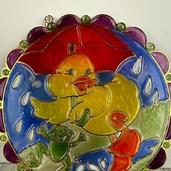 Vintage Easter Suncatcher LARGE Duck Frog Umbrella Rain New Design Inc. 8.50″