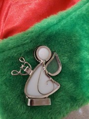 Vintage Stained Glass Suncatcher Angel w/ Harp White And Clear Wings