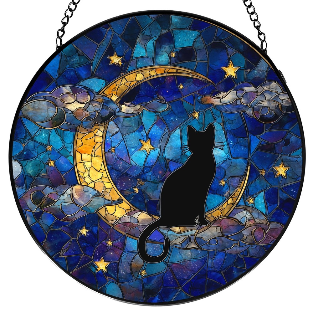 Black Cat Stained Glass Window Hanging Decor Moon Suncatcher Art, 7.9″