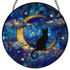 Black Cat Stained Glass Window Hanging Decor Moon Suncatcher Art, 7.9″