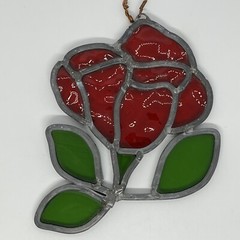 Vintage Stained Glass Rose Flower Suncatcher Acrylic Metal Hand Crafted