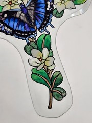Painted Glass Cross Window Hanging Suncatcher Butterfly With Flowers 6″