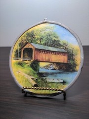 Currier and Ives Glass Suncatcher Wall Hanger Covered Bridge Handpainted