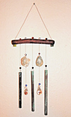 Wind Chime- Copper Borosilicate glass clappers, Shells Beads 10″ x 26″ Hand made