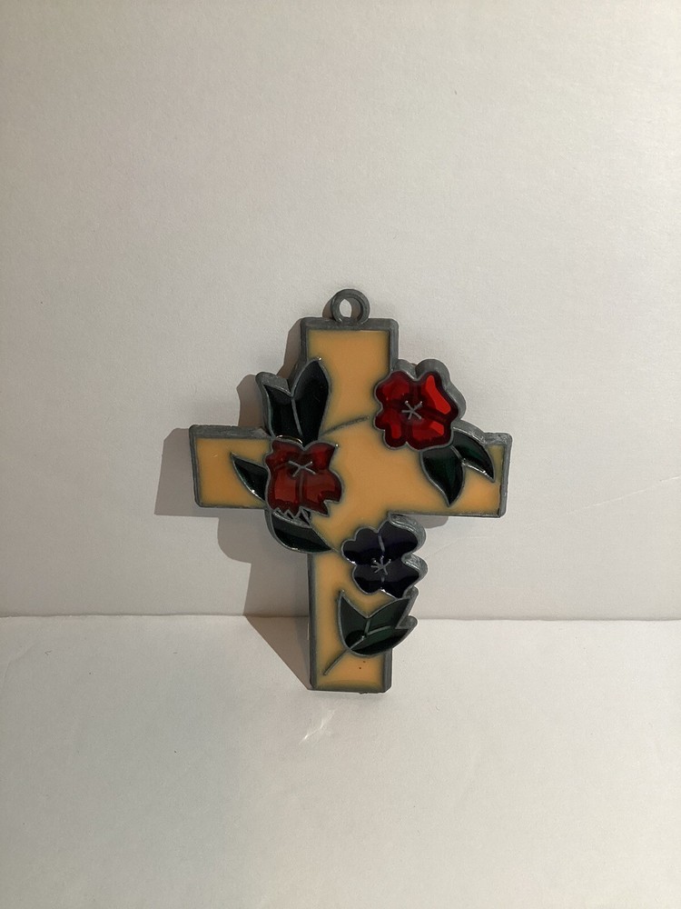 Stained Glass Window Suncatcher Cross With Flowers On Vine 4” Made In Taiwan