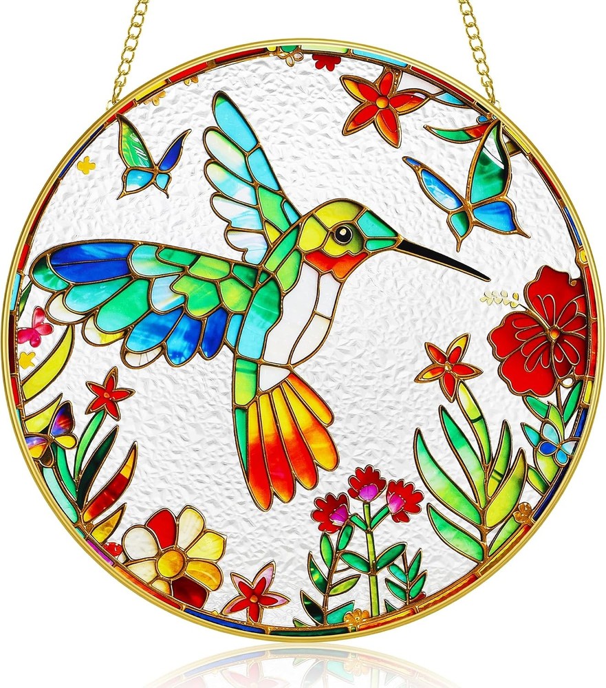 Stained Glass Suncatcher Spring Flowers & Hummingbird 8 Inch Handmade