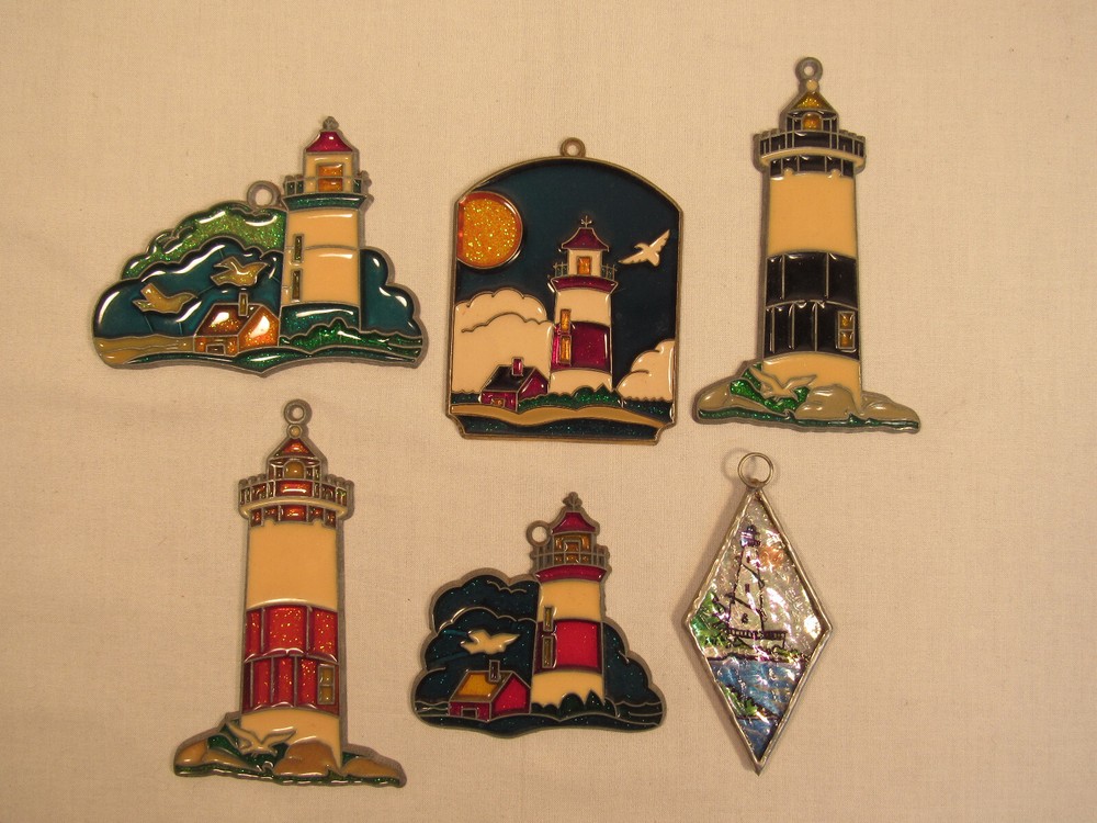 Vintage Lighthouse Sun Catchers Acrylic Metal Stained Glass Style Lot
