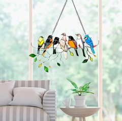 Handcrafted Multicolored Birds on a Wire Suncatcher Window Panel Home Decor