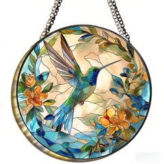 Stained Glass Window Hanging,Hummingbird Suncatcher with Flowers, Handmade Su…