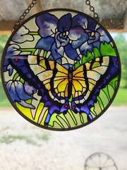 Stained Glass Butterfly Suncatcher 4.5 Inch Round Floral Purple Yellow Art…