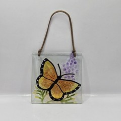 Butterfly Monarch Thick Raised Glass Sun Catcher – 4.5 Square Leather Hanger