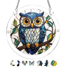 Blue Owl Branch Green Leaf Stained Acrylic Puzzle Suncatcher Window Decor