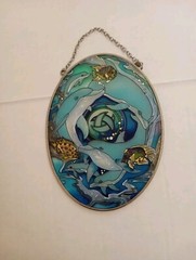 AMIA Large Oval Glass Dolphins/Fish Hand Painted Suncatcher, New, 6.5″