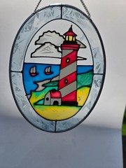 Stained Glass Beach striped lighthouse Oval Suncatcher Window Wall Decor 7×5.5″