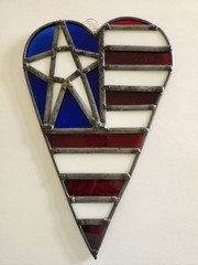 Stained Glass American Flag Heart, Suncatcher. Handmade 12″