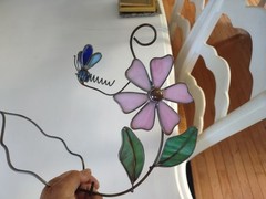 Vtg Stained Glass Flower Bouquet Dragonfly Suncatcher Pot Vase Art Decor Pc*