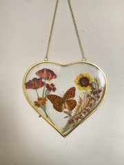Heart-Shaped Glass Suncatcher with Butterfly and Flower, Multicolor