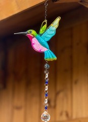 Colorful Hummingbird Suncatcher (7″W x 17″L) Glass And Aluminum