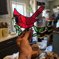Cardinal Bird Stained Glass Window Hanging Sun Catcher Red & Green NWOB