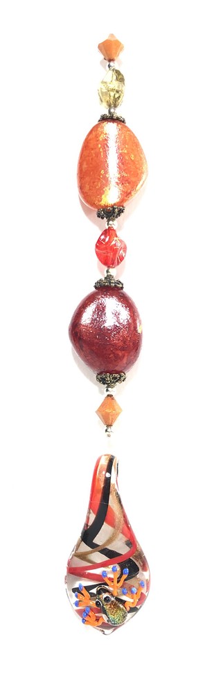 Lampwork glass frog pendant & red bead suncatcher ornament decor. Orange & green