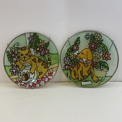 2 Round sun catcher Stained glass Dog and Cat with flowers