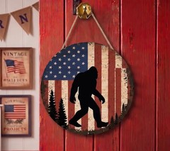 Patriotic Bigfoot Door Hanger Wooden Sign with Rope